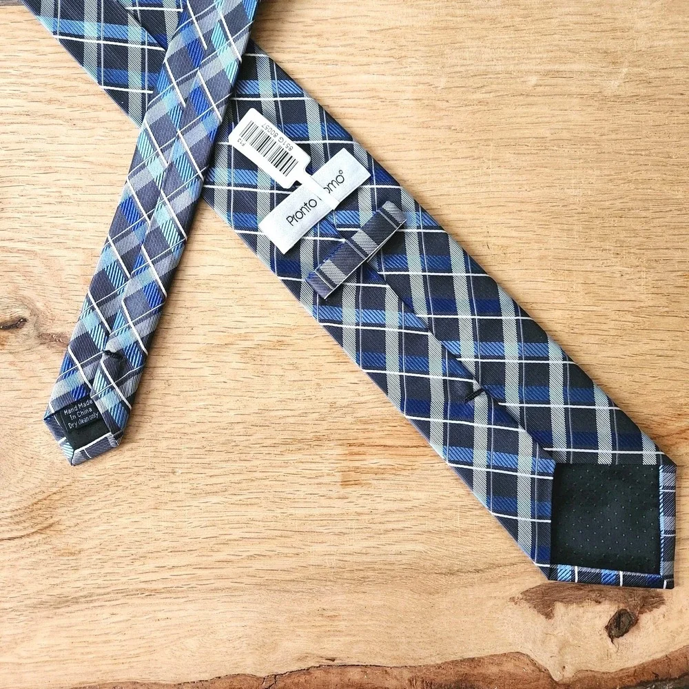 NWT Pronto Uomo Necktie Tie 100% Silk Black Blue Silver Plaid Mens New Metallic‎